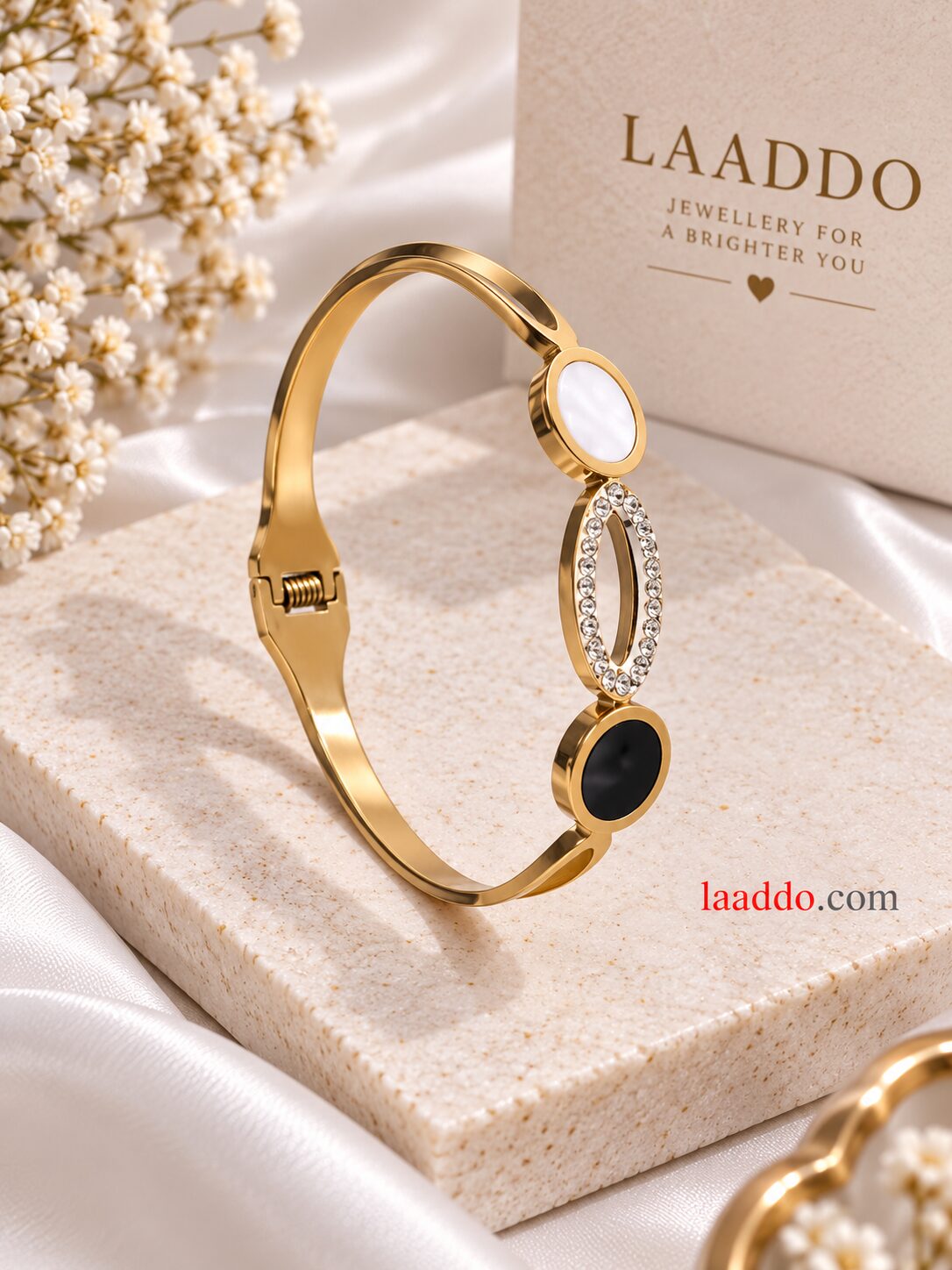 2026/09/1001792352-1.jpg Elegant Gold Oval Crystal Cuff Bracelet with Pearl & Black Details | Premium Korean Style - Image 1
