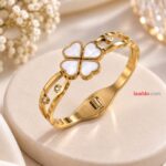 Elegant Four-Leaf Clover Gold Bangle | Korean Style White Stone Designer Bracelet