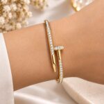 Premium Nail Style Crystal Gold Bracelet | Elegant Korean Designer Cuff