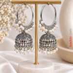 Elegant Pearl Hoop Jhumka Earrings – Oxidized Silver Finish