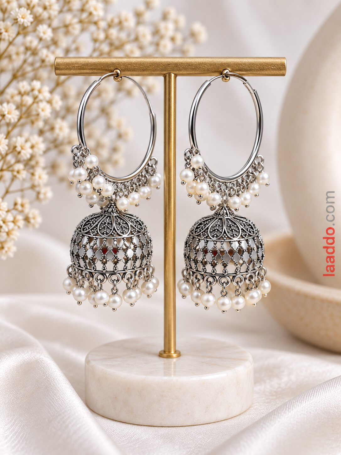 2026/09/1001793585.jpg Elegant Pearl Hoop Jhumka Earrings – Oxidized Silver Finish - Image 1