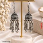 Oxidized Silver Long Jhumka Earrings with Intricate Chain Tassels