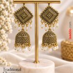 Antique Gold Jhumka Earrings with Pearl Drops – Traditional Designer Earrings