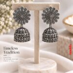 Oxidized Silver Floral Jhumka Earrings – Intricate Traditional Designer Earrings