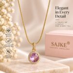 Gold Plated Pink Stone Pendant Necklace – Elegant Round Crystal Designer Necklace