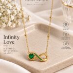 Gold Plated Infinity Pendant Necklace with Green Heart Stone – Elegant Designer Necklace