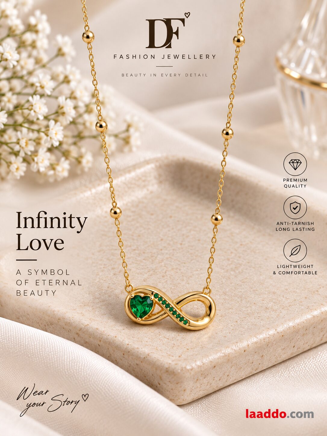 2026/09/1001793665.jpg Gold Plated Infinity Pendant Necklace with Green Heart Stone – Elegant Designer Necklace - Image 1
