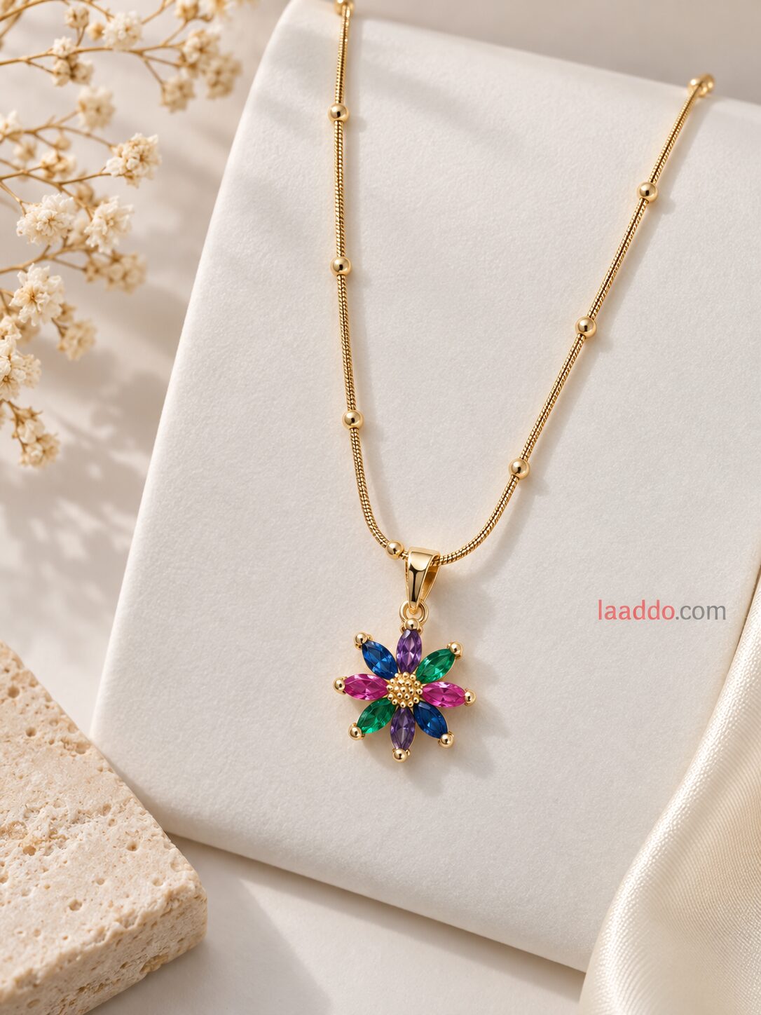 2026/09/1001793680.jpg Multicolor Floral Pendant Necklace | Elegant Korean Style Gold Finish Necklace - Image 1