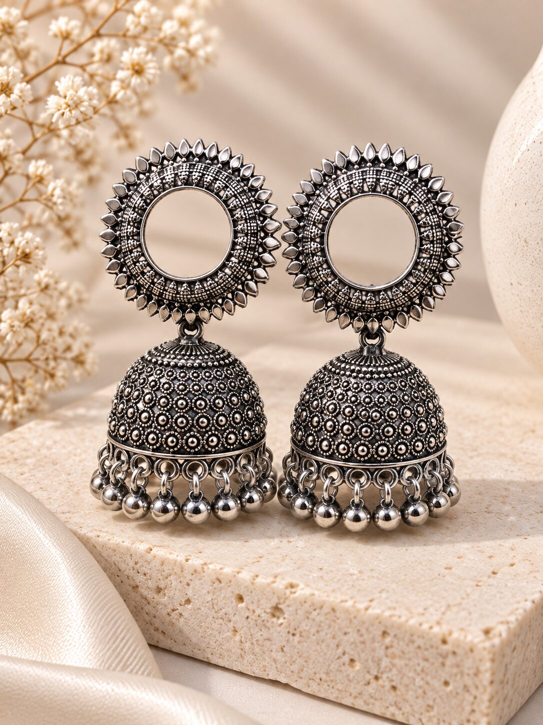 2026/09/1001793687.jpg Oxidized Silver Jhumka Earrings | Traditional Round Stud Jhumka Earrings - Image 1
