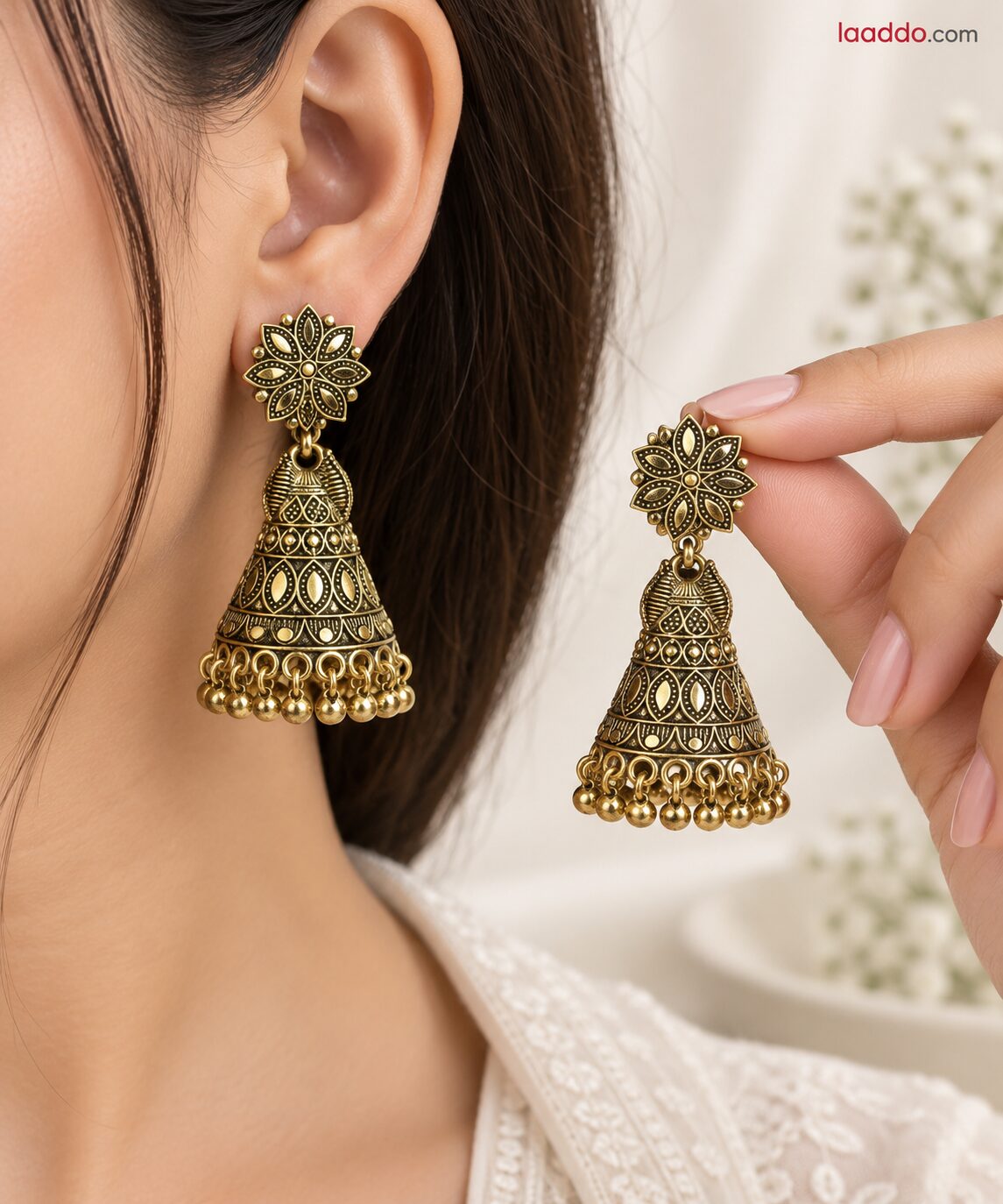 2026/09/1001793730.jpg Antique Gold Floral Jhumka Earrings – Traditional Indian Designer Bell Earrings - Image 1