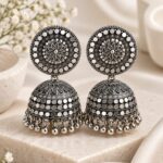 Oxidized Silver Jhumka Earrings – Intricate Round Stud & Dome Design
