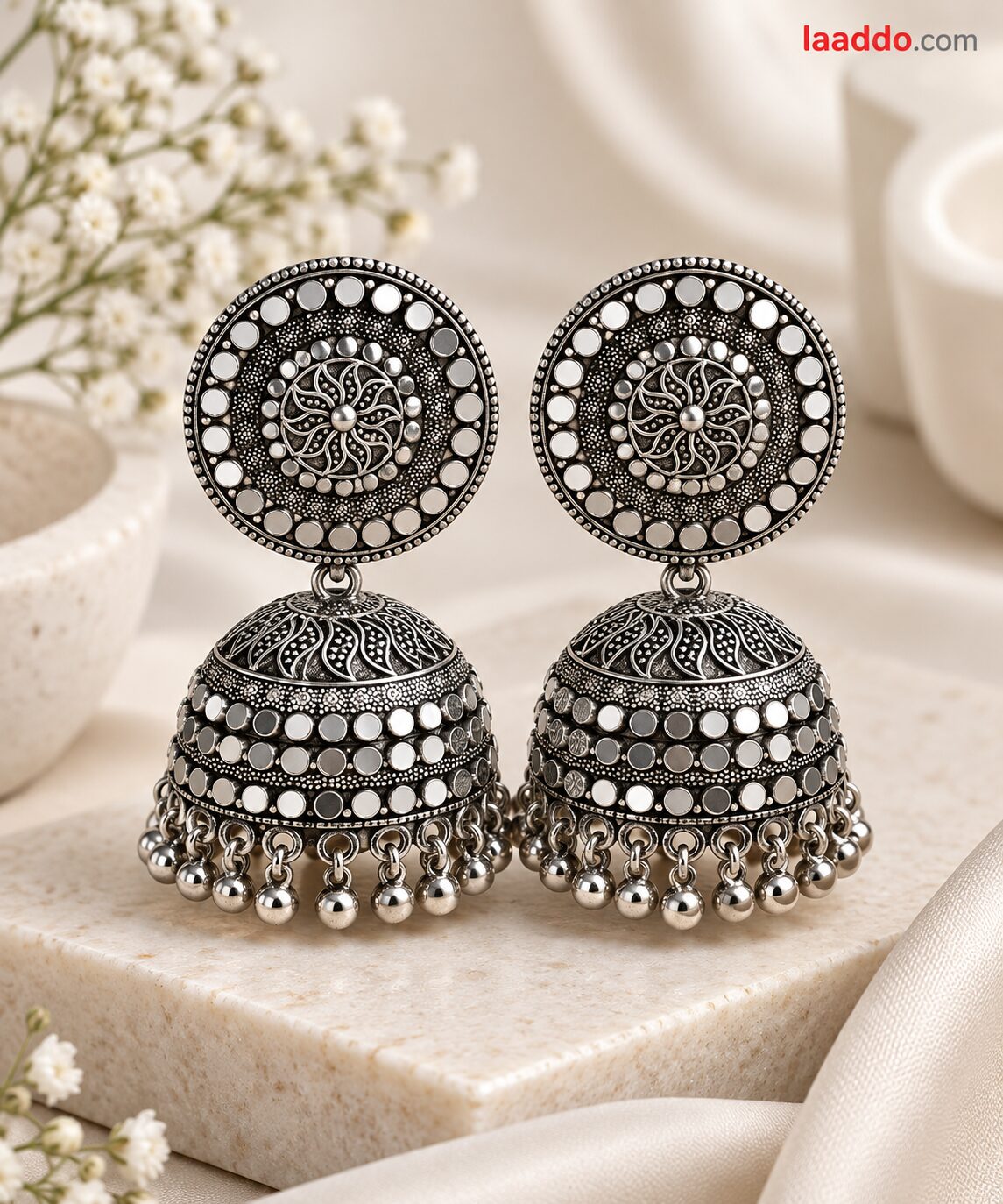 2026/09/1001793735.jpg Oxidized Silver Jhumka Earrings – Intricate Round Stud & Dome Design - Image 1