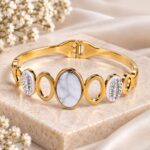 Gold-Tone Designer Bangle – Marble Center & Crystal Studded Elegant Bracelet