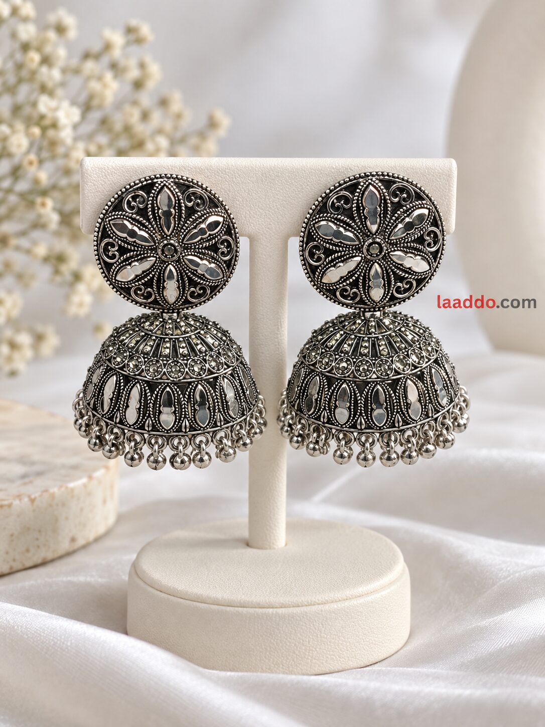 2026/09/1001793785.jpg Oxidized Silver Floral Filigree Jhumka Earrings – Traditional Ethnic Designer Jewellery - Image 1