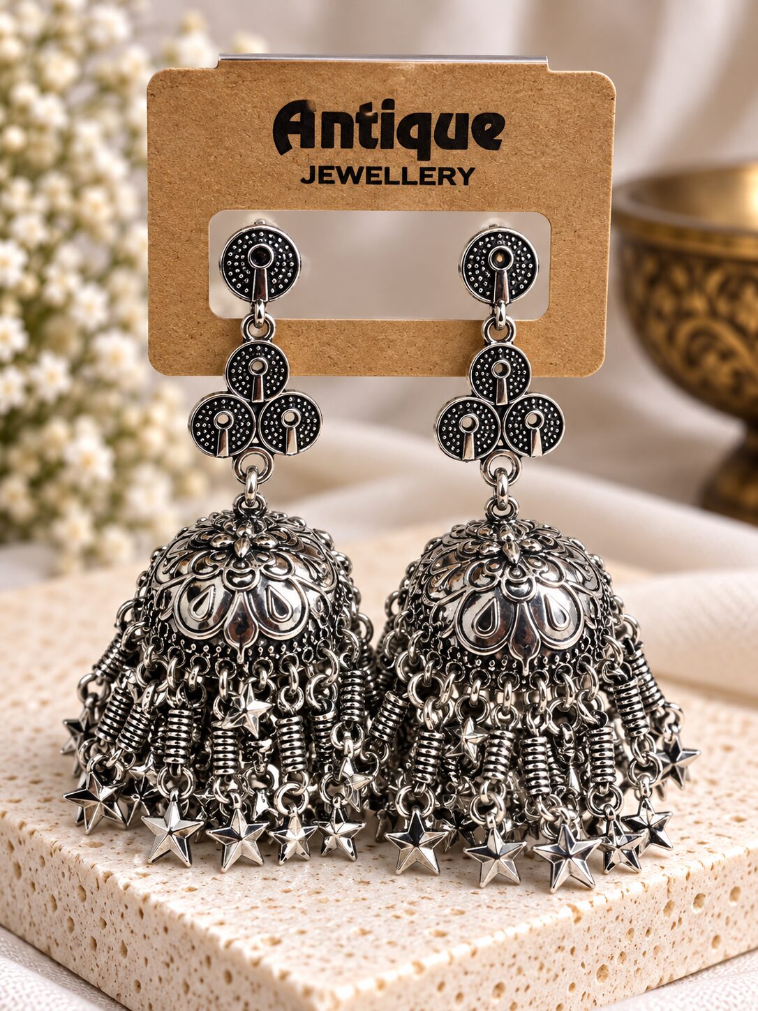 2026/09/1001793814.jpg Oxidized Silver Star Charm Jhumka Earrings – Traditional Ethnic Designer Jewellery - Image 1