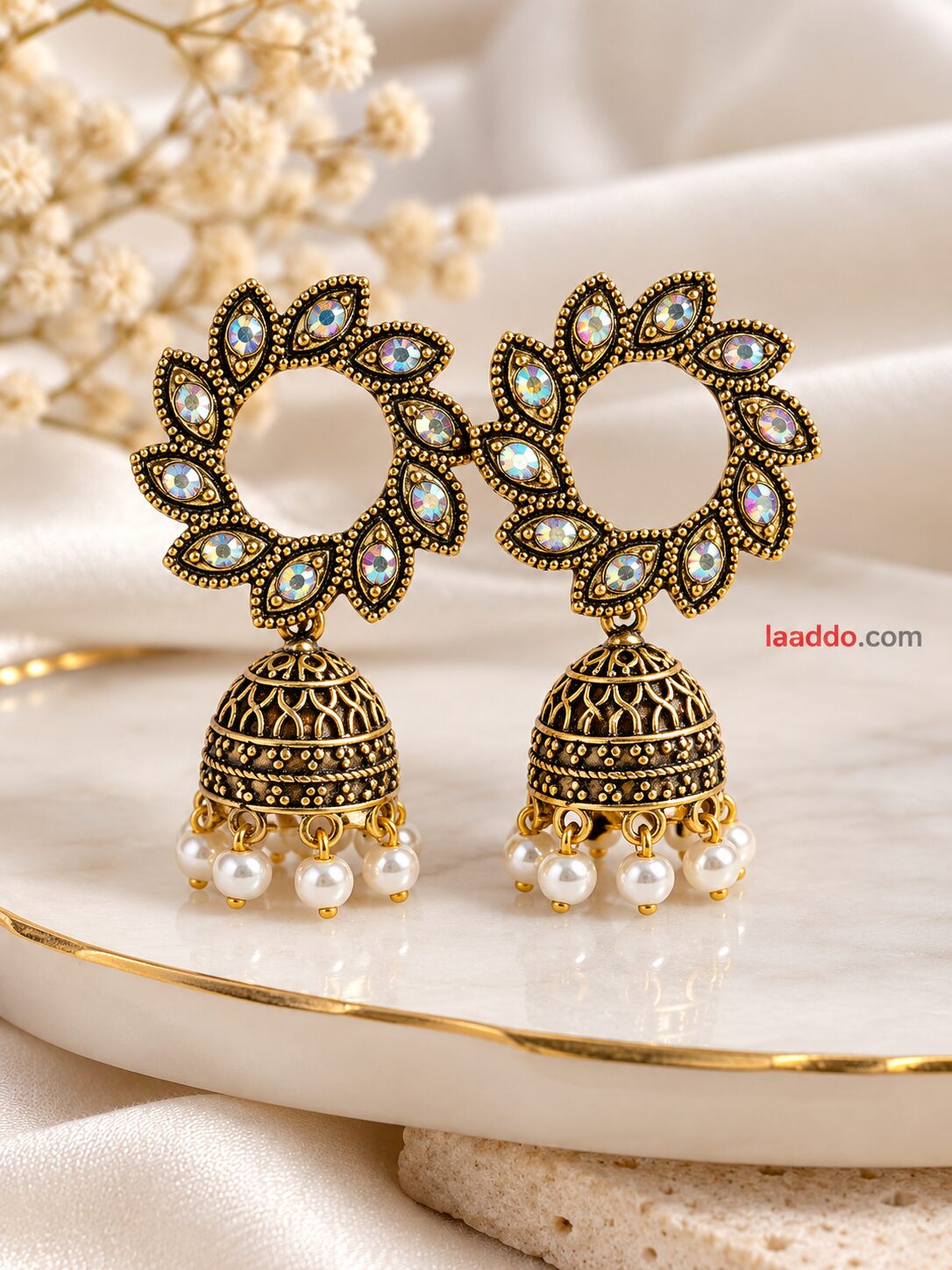 2026/09/1001794925.jpg Antique Gold Finish Multicolor Stone Jhumka Earrings | Traditional Designer Earrings - Image 1