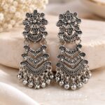 Oxidized Silver Floral Chandelier Earrings | Traditional Statement Jhumka Earrings
