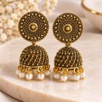 Antique Gold Finish Beaded Jhumka Earrings with Pearl Drops | Traditional Designer Earrings