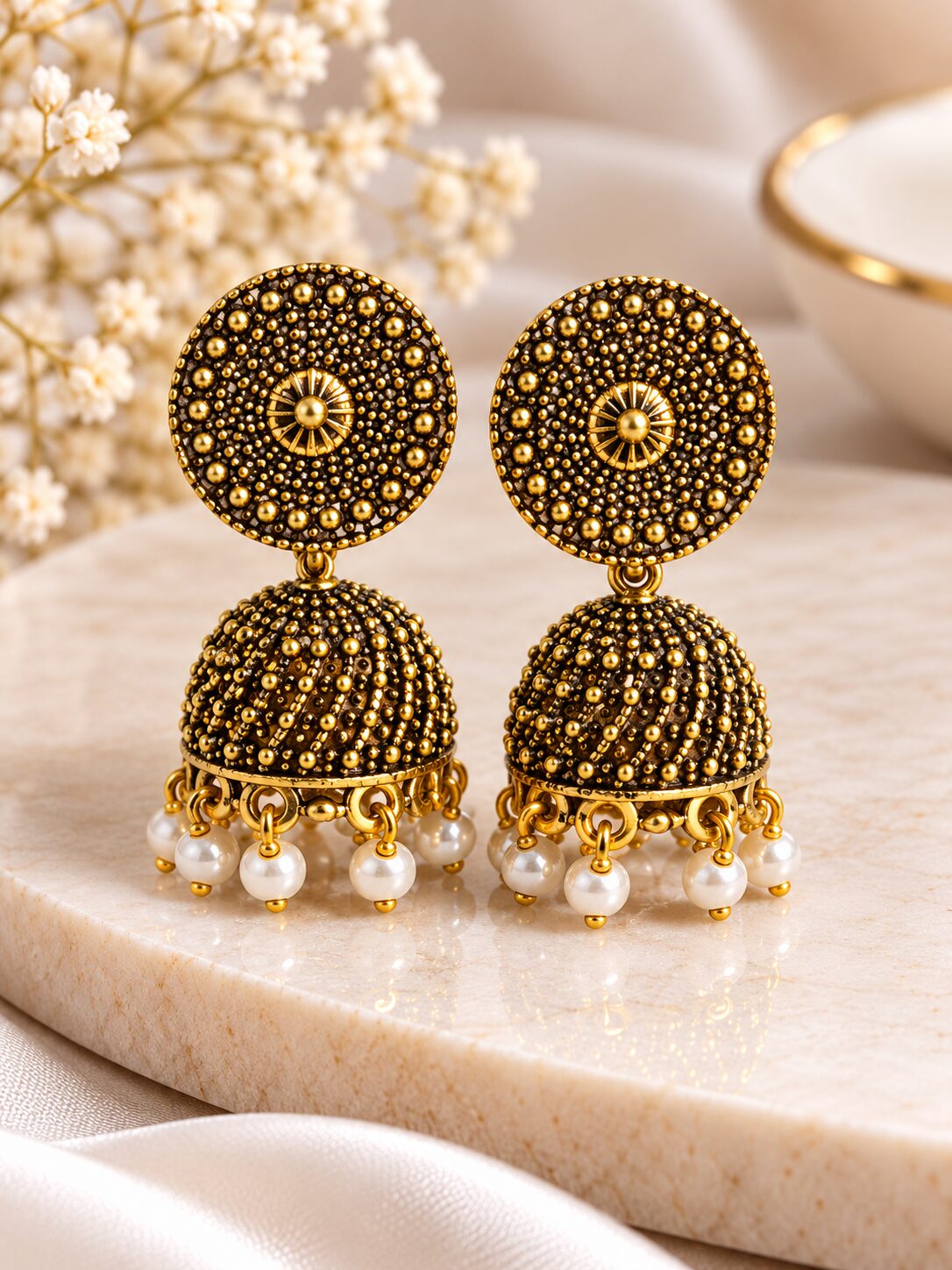 2026/09/1001794931.jpg Antique Gold Finish Beaded Jhumka Earrings with Pearl Drops | Traditional Designer Earrings - Image 1