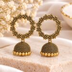 Antique Gold Floral Hoop Jhumka Earrings | Traditional Designer Statement Earrings