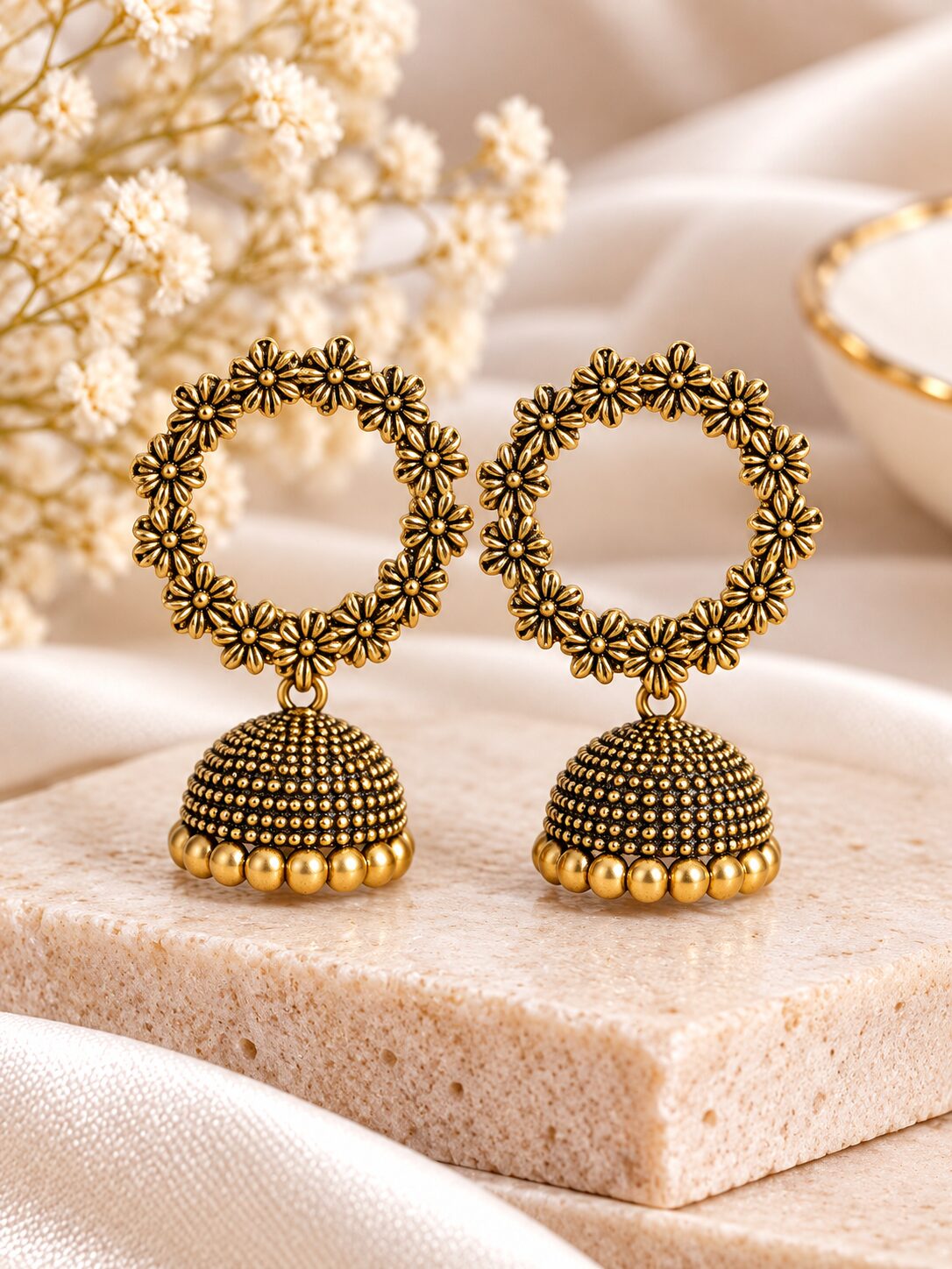 2026/09/1001794940.jpg Antique Gold Floral Hoop Jhumka Earrings | Traditional Designer Statement Earrings - Image 1