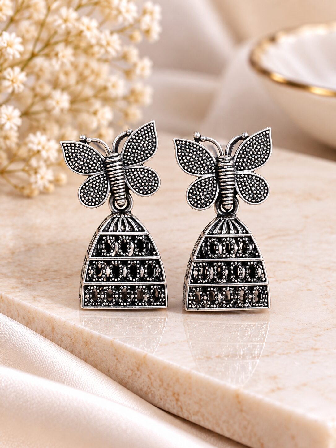2026/09/1001794943.jpg Oxidized Silver Butterfly Jhumka Earrings | Traditional Designer Statement Earrings - Image 1