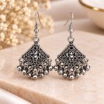 Oxidized Silver Filigree Jhumka Earrings with Dangling Beads | Traditional Designer Earrings