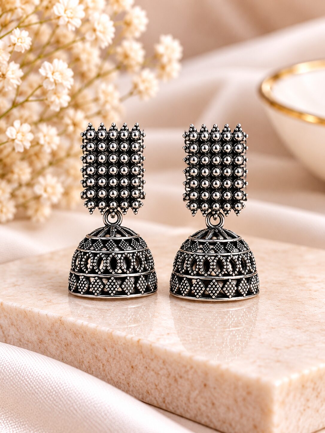 2026/09/1001794949.jpg Oxidized Silver Beaded Jhumka Earrings | Traditional Designer Statement Earrings - Image 1