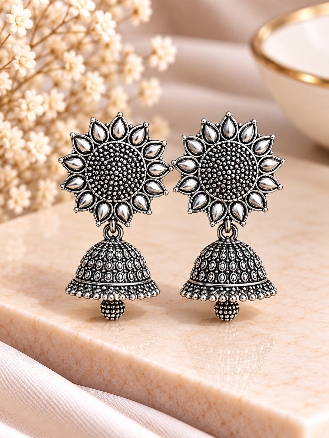 2026/09/1001794955.jpg Oxidized Silver Sunflower Jhumka Earrings | Traditional Designer Statement Earrings - Image 1