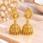 Gold Finish Floral Paisley Jhumka Earrings | Traditional Designer Statement Earrings