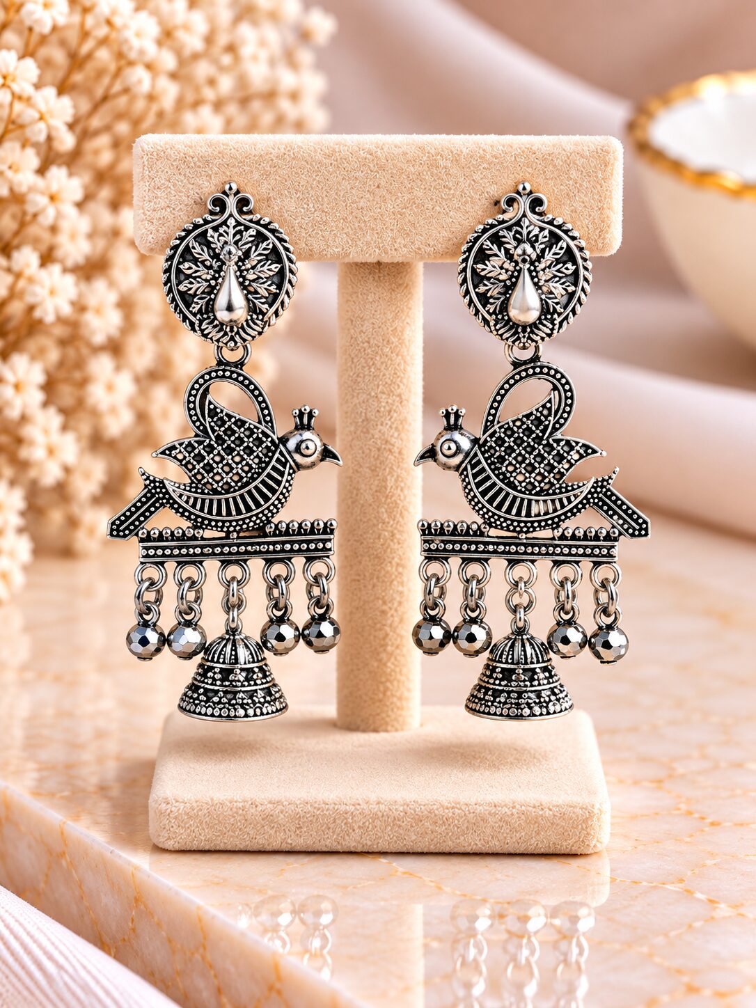 2026/09/1001795092-1.jpg Oxidized Silver Peacock Jhumka Earrings – Traditional Ethnic Statement Earrings - Image 1