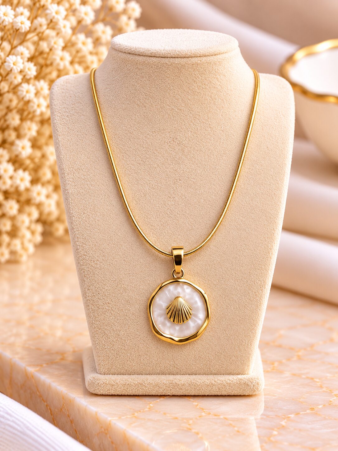 2026/09/1001795096.jpg Gold Mother of Pearl Pendant Necklace – Elegant Shell Charm Snake Chain Necklace - Image 1