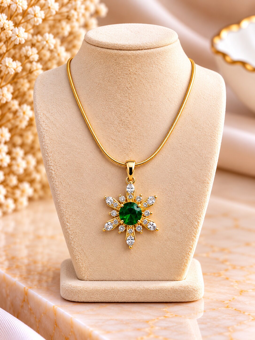 2026/09/1001795112.jpg Elegant Green Stone Starburst Pendant Necklace - Image 1