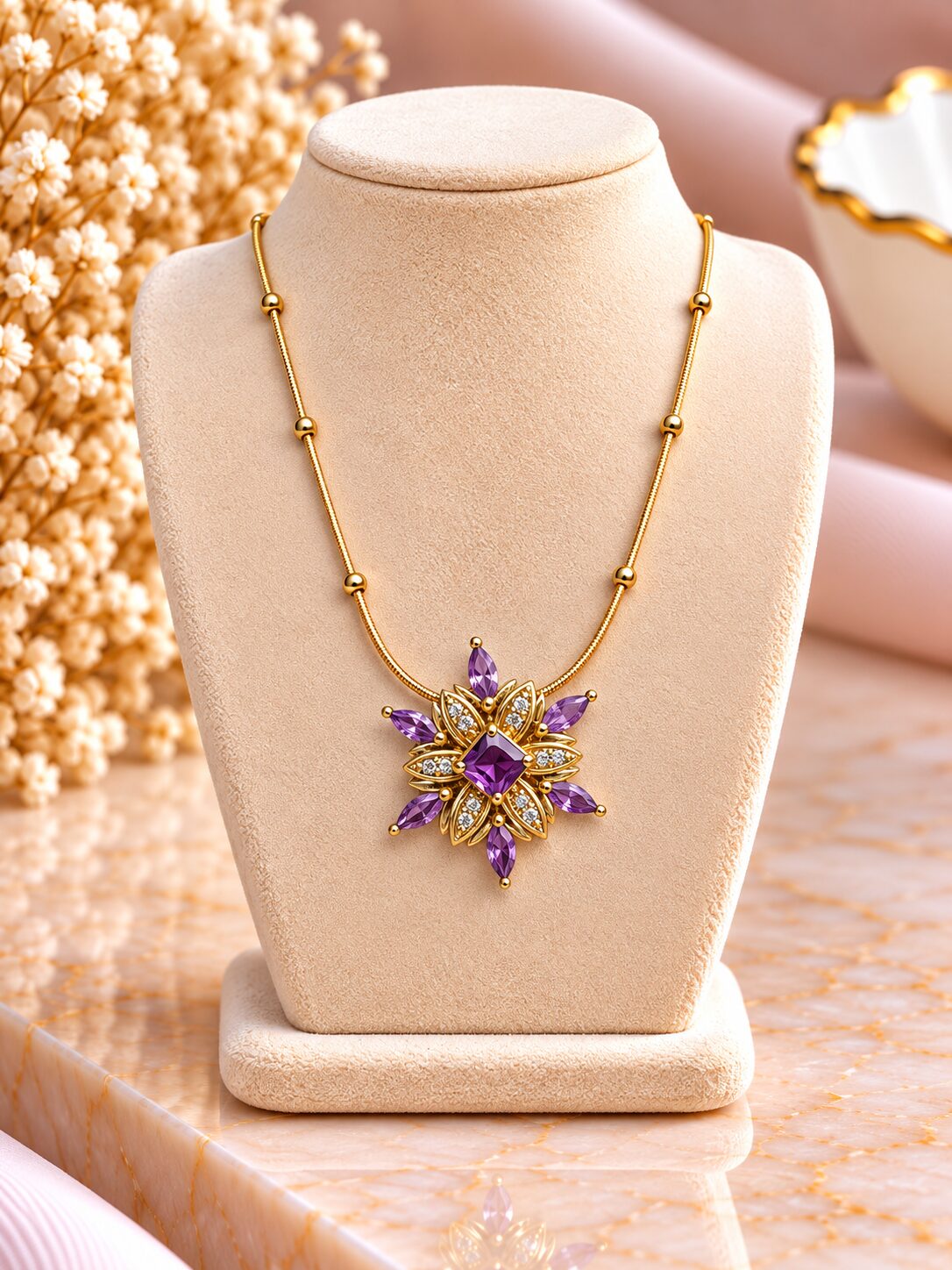 2026/09/1001795121-1.jpg Elegant Purple Floral CZ Pendant Necklace - Image 1