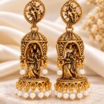 Antique Gold Temple Jhumka Earrings with Pearl Drops