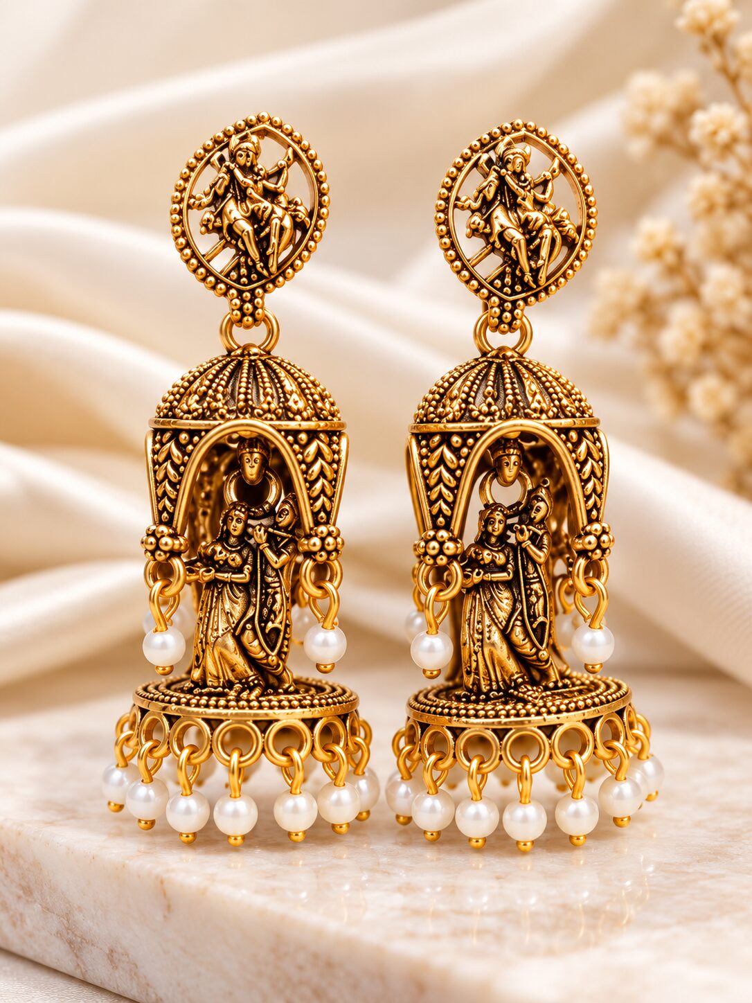 2026/09/1001795687.jpg Antique Gold Temple Jhumka Earrings with Pearl Drops - Image 1