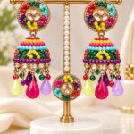 Multicolor Kundan Beaded Jhumka Earrings with Matching Pendant – Traditional Bridal Jewellery