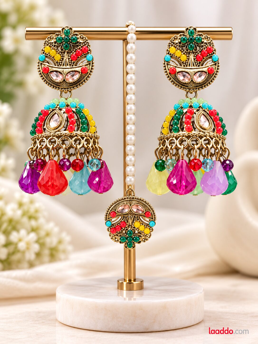 2026/09/1001795782.jpg Multicolor Beaded Jhumka Earrings with Matching Pendant – Traditional Ethnic Jewellery - Image 1