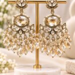 Elegant Champagne Crystal Chandelier Earrings – Pearl & Kundan Style Party Wear Jewellery