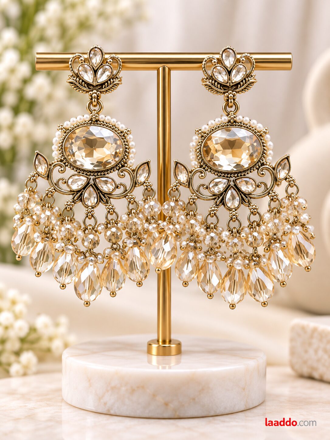 2026/09/1001795784.jpg Elegant Champagne Crystal Chandelier Earrings – Pearl & Kundan Style Party Wear Jewellery - Image 1