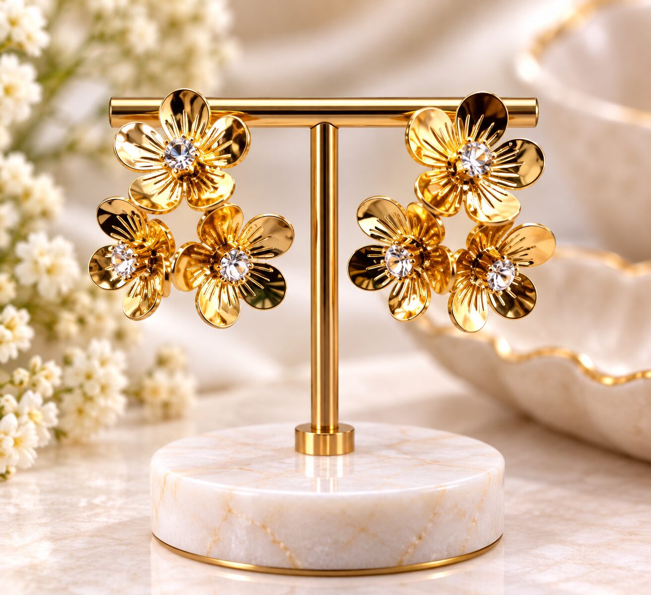 2026/09/1001795789.jpg Elegant Gold Floral Cluster Earrings – Sparkling Crystal Center Party Wear Jewellery - Image 1