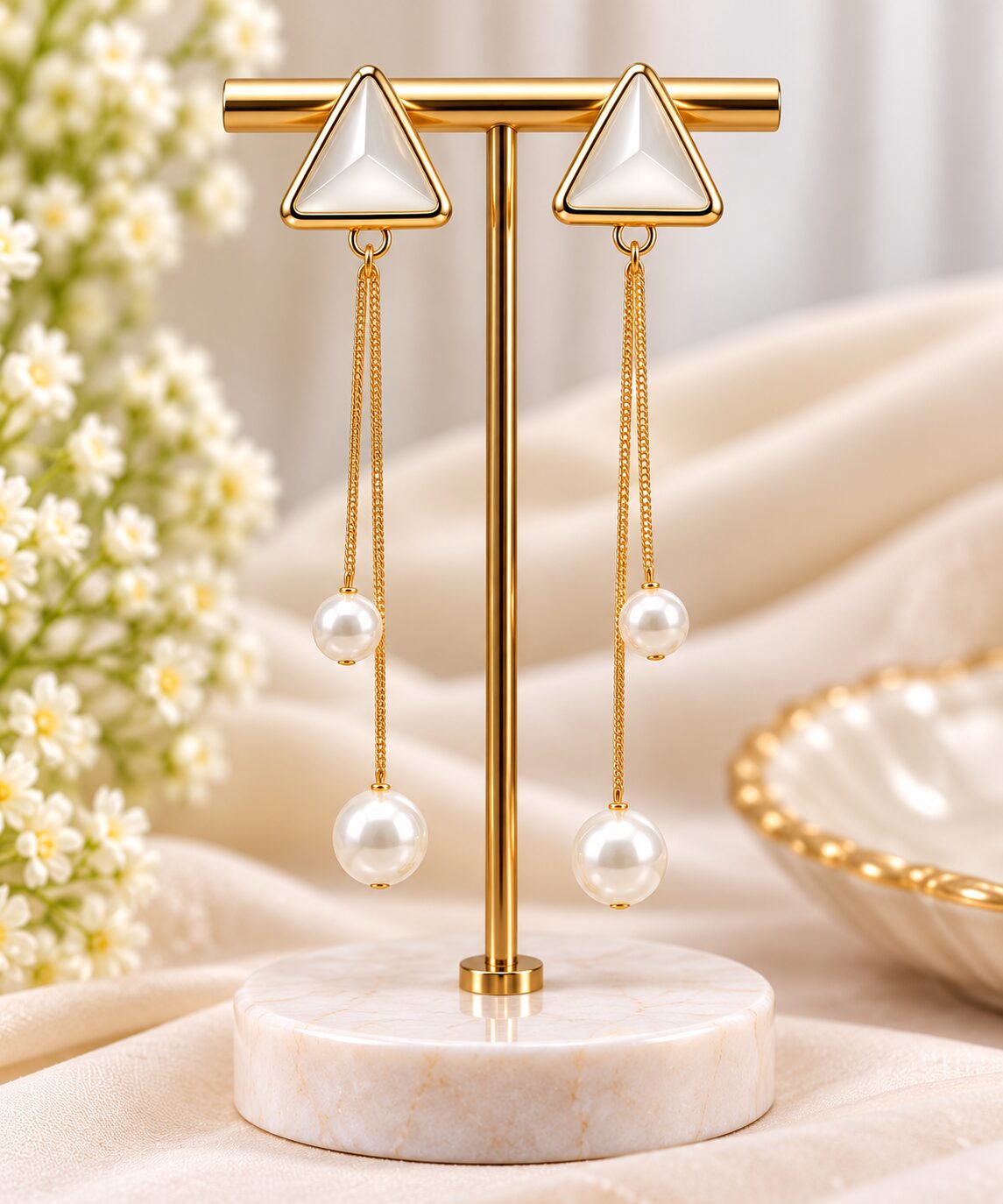 2026/09/1001795791.jpg Elegant Geometric Pearl Drop Earrings – Long Chain Design Party Wear Jewellery - Image 1