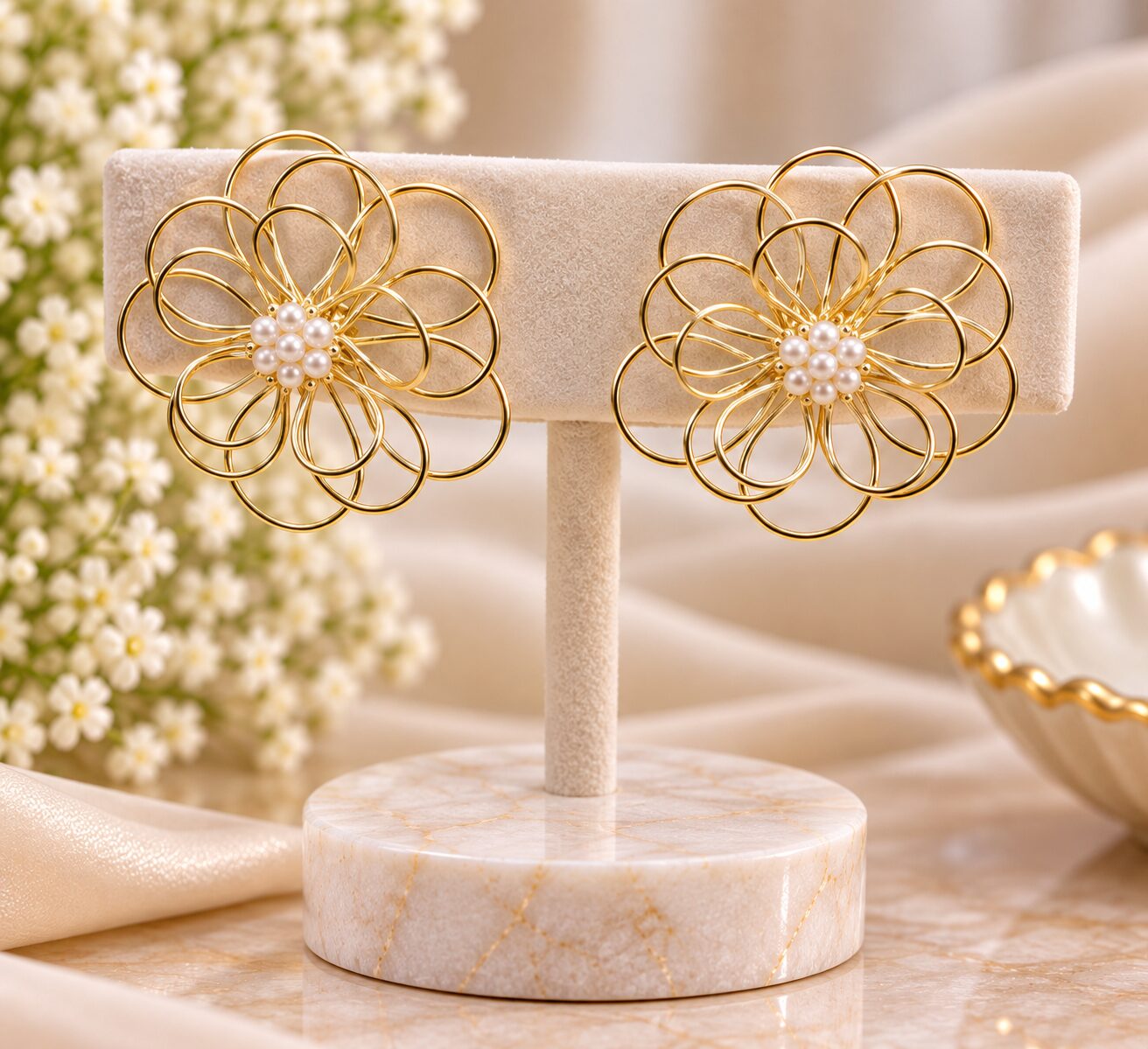 2026/09/1001795795.jpg Elegant Gold Wire Flower Earrings with Pearl Center – Premium Floral Stud Jewellery - Image 1