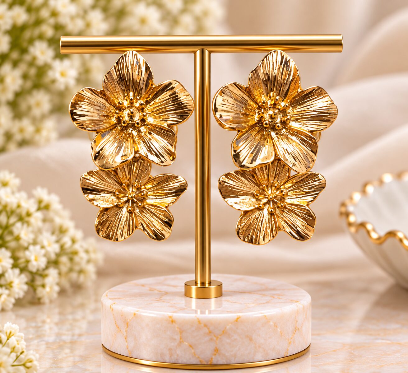2026/09/1001795824.jpg Elegant Gold Wire Flower Earrings with Pearl Center – Premium Floral Stud Jewellery - Image 1