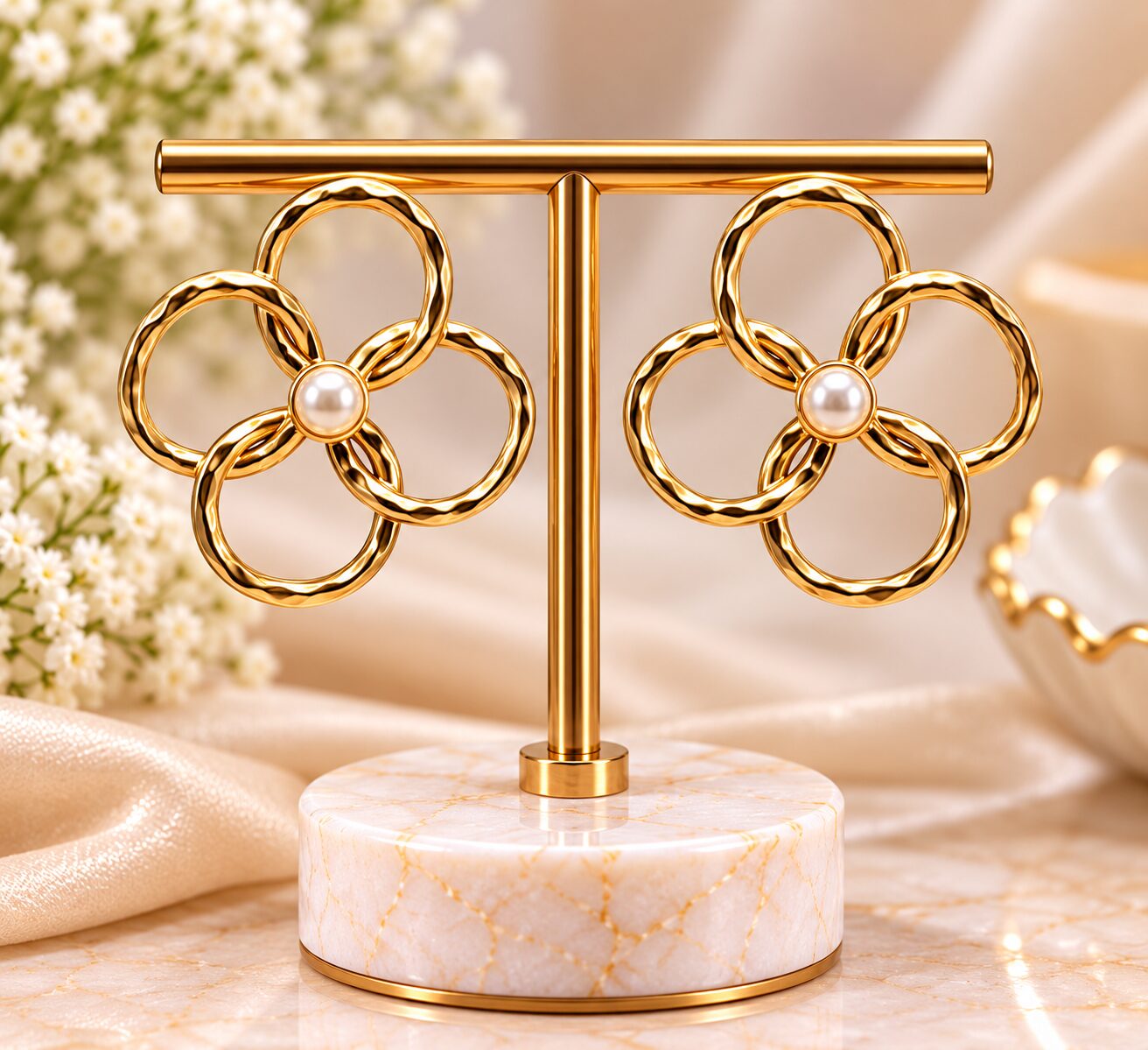 2026/09/1001795826.jpg Elegant Gold Floral Pearl Stud Earrings – Premium 4-Petal Flower Design Jewellery - Image 1
