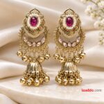 Antique Gold Pink Stone Pearl Jhumka Earrings – Traditional Ethnic Bridal Jewellery