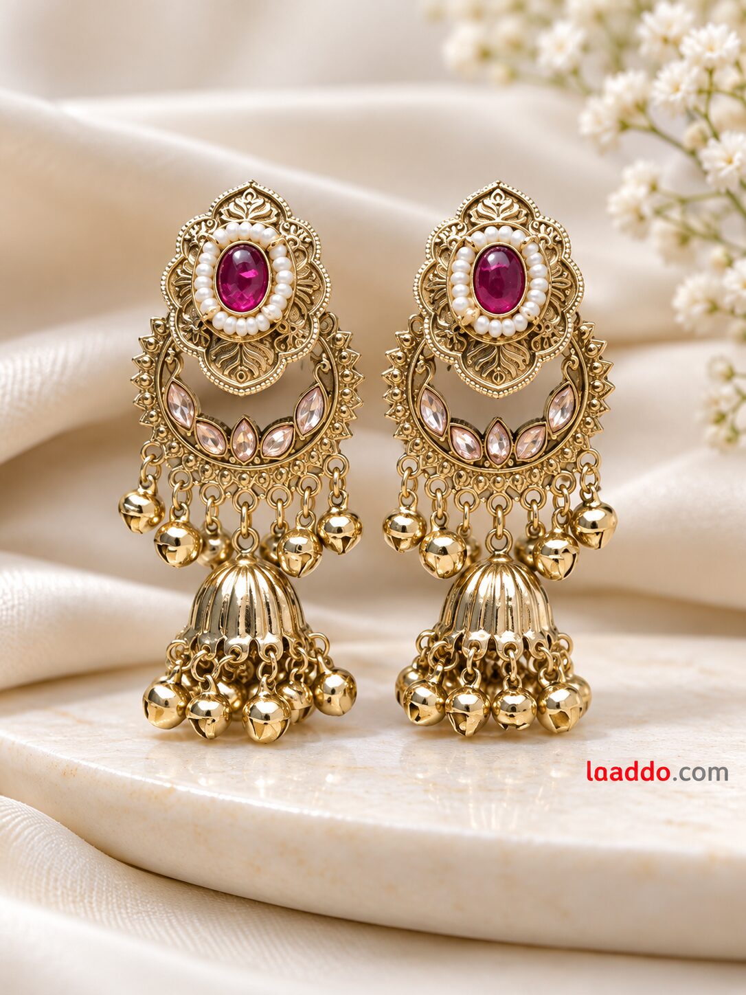 2026/09/1001795959.jpg Antique Gold Pink Stone Pearl Jhumka Earrings – Traditional Ethnic Bridal Jewellery - Image 1