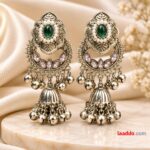 Antique Silver Green Stone Jhumka Earrings – Traditional Ethnic & Festive Jewellery