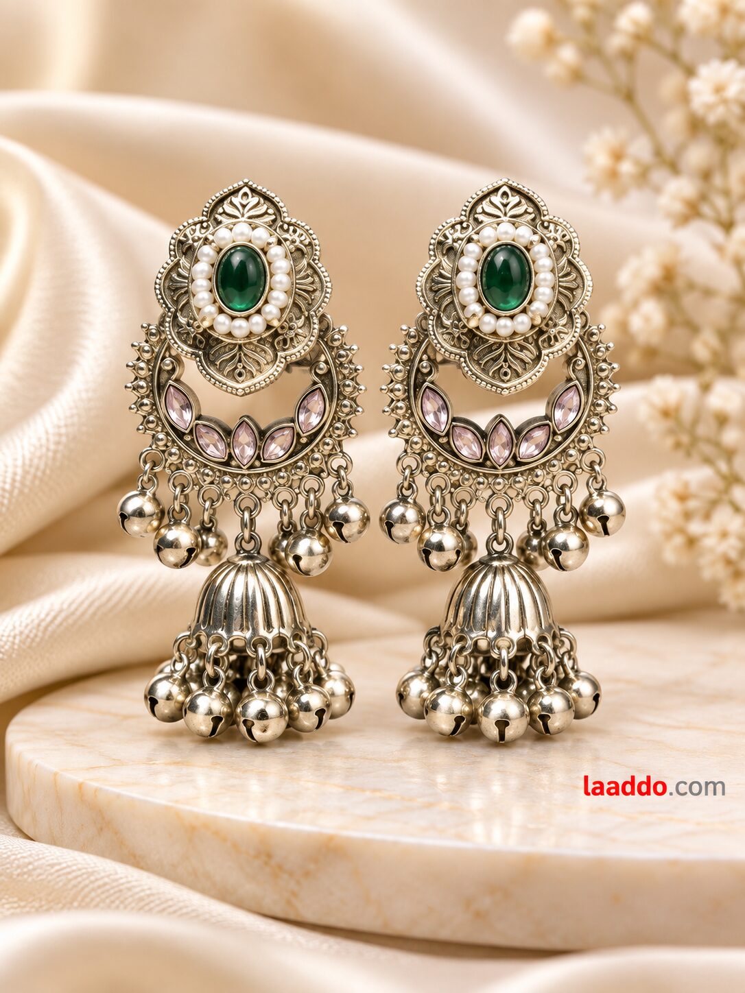2026/09/1001795961.jpg Antique Silver Green Stone Jhumka Earrings – Traditional Ethnic & Festive Jewellery - Image 1