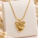Gold Bow Heart Pendant Stainless Steel Anti-Tarnish Necklace | Korean Style Jewellery